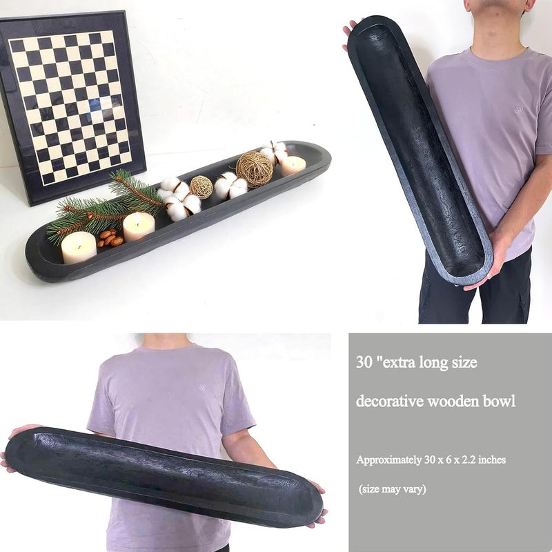 BEDAZE Wooden Dough Bowls Decorative，Rustic Bread Long Bowls Decor Wood Tray, Hand Carved for Table Centerpiece Decor, Home Decor (30 * 6 * 2 inch Black) - Image 3